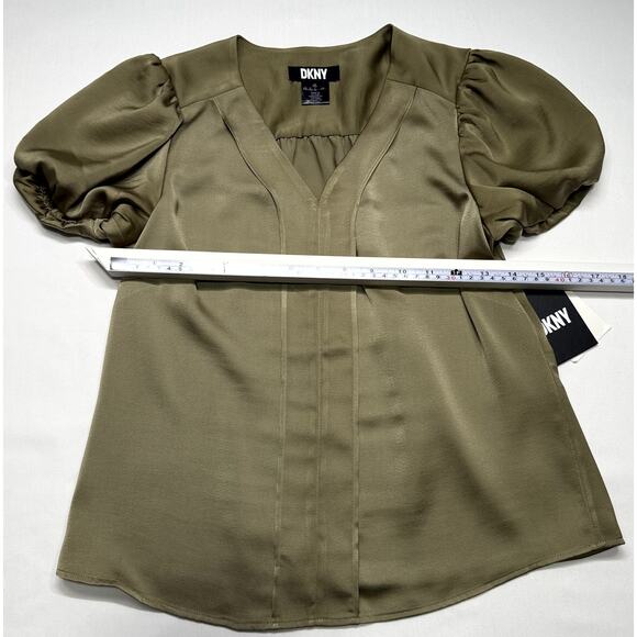 DKNY Olive Green Puff Sleeve V-Neck Fashion Blouse  XS NWT - Picture 6 of 10